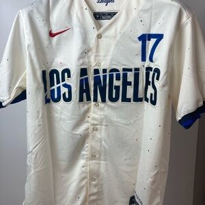 Nike White Los Angeles Splash-Print Baseball Jersey with Blue Accents